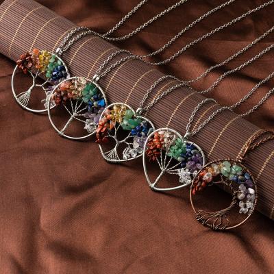 China FASHIONABLE Colorful Yoga Chakra Crystal Tree Natural Of Life Wire Wrap Pendant Necklace for sale