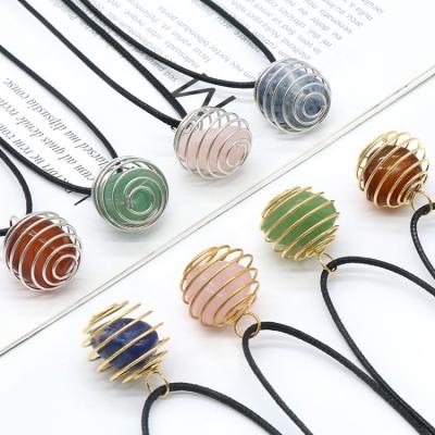 China Trendy Fashion Jewelry Wire Wrapped Crystal Amethyst Pendant Irregular Stone Rope Leather Necklace for sale