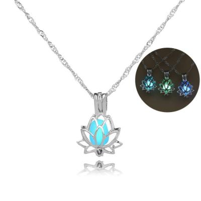 China TRENDY Bright Glow in the Dark Lotus Flower Shaped Pendant Necklace Hollow Hollow Out Pendant Necklace for Women Jewelry for sale