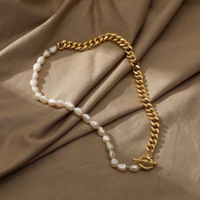 China Vintage Pearl Necklace 14K Buckle Stainless Steel Half Chain Casual Cuban Freshwater Pearl Connected Necklace for sale