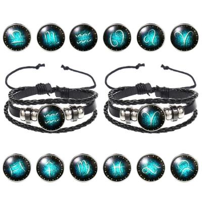 China Luminous 12 Horoscopes Black Gallstone Handwoven Black Gallstone Vintage Glass Beaded Multilayer Leather Bracelet for sale