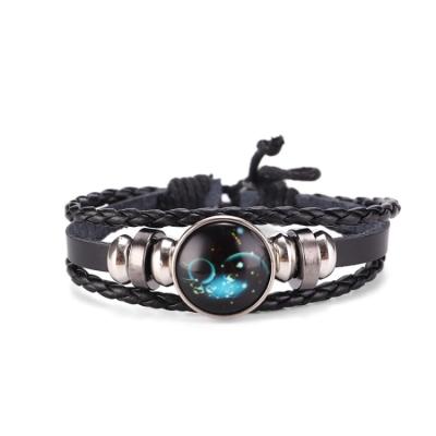 China Luminous 12 Horoscopes Black Gallstone Handwoven Black Gallstone Vintage Glass Beaded Multilayer Leather Bracelet for sale