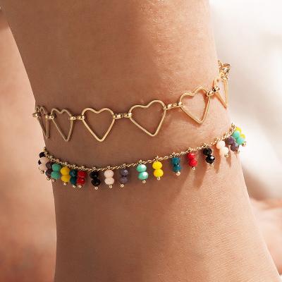 China Fashionable Bohemian Ethnic Pearl Anklet Color Style Hollow Geometric Double Anklet for sale