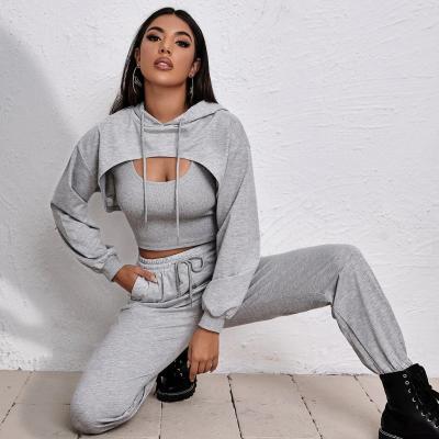 China New Anti-Wrinkle Hoodies Sweat Suit Set Women 3 Pieces Set Shein Women Crop Sweatsuit Long Sleeve Sweatshirt Tank Top Vest Set for sale