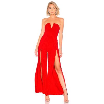 China Wholesale Anti-Wrinkle Red Off Shoulder Sleeveless Slit Bandage Overalls Women Casual for sale