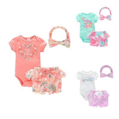 China Shorts Sleeves Payifang Baby Clothing Sets 3-12 M Baby Overall Fashion Summer Baby Romper Bow Headband For à venda