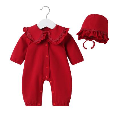 China Pure Factory Sale Hot Baby Onesie Spring and Autumn Baby Girl Romper Red Cotton Hat or Bow 2 Piece Set for sale