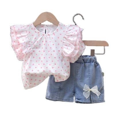 中国 Girls Breathable Comfy Jeans Sets Girls Polka Dot Boutique T-shirt Kids Girls Clothes Set and Cowboy Pants Set 販売のため