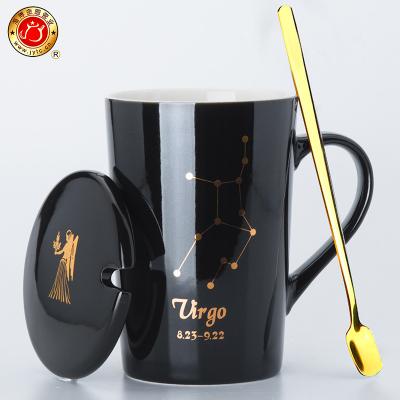 China Nordic Viable Simple 12 Constellation Gold Design Dark Green Ceramic Mugs With Cover Spoon Lovers Water Cup Custom Horoscope Coffee Mug for sale