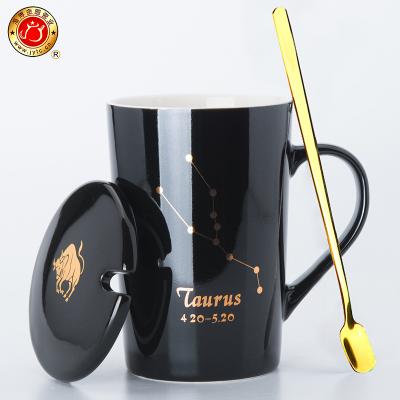 China Viable Wholesale Creative Constellation Mugs With Lid Spoon New Quality Bone China Horoscope Ceramic Mug for sale