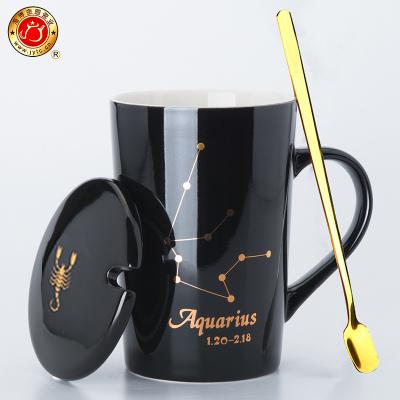 China Viable Wholesale Cheap Horoscope Ceramic Coffee Travel Mugs With Spoon for sale