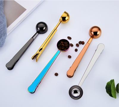 China Sustainable Coffee Scoop Cut Stainless Steel 2 In 1 Long Handle Spoon With Bag Clip Multifunctional Coffee Scoop for sale