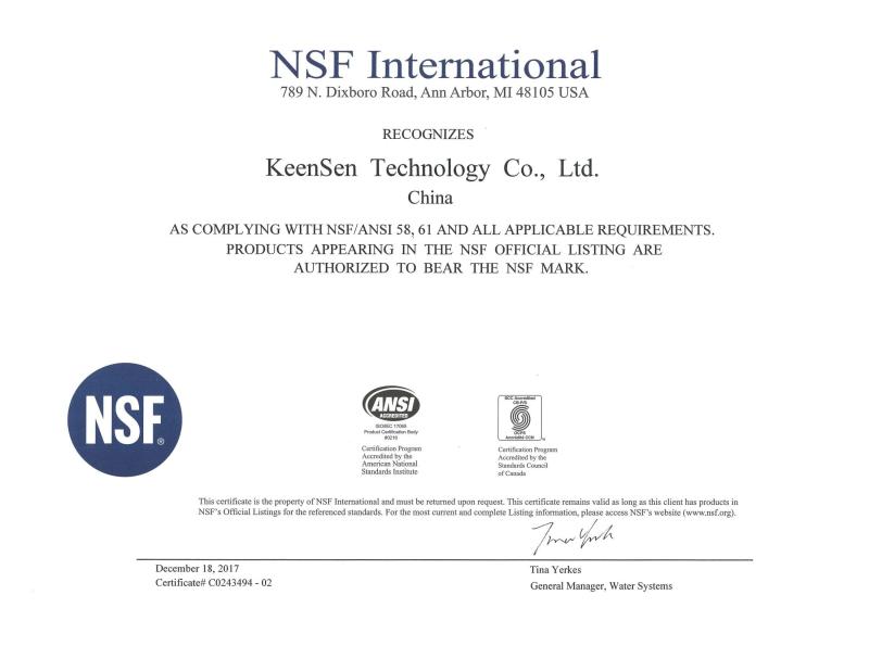 NSF 58, NSF 61 - Hunan Keensen Technology Co., Ltd.