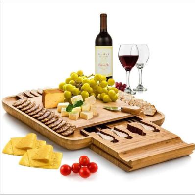 China Slide open cheese board and knife set: 13 x 13 x 2 inch wooden tray for wine, cheese, meat for sale