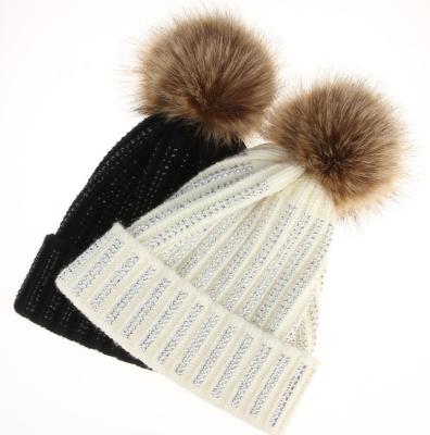 China High Quality Warm Winter Knitted Hat Diamond Acrylic Beanie Hat With Bright Raccoon Fur Pompom COMMON for sale