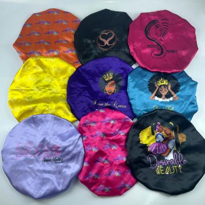 China Wholesale Custom Image Logo Satin Hair Bonnet Double Layer Satin Adjustable Bonnets for sale