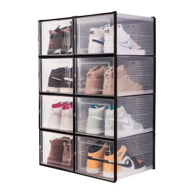 China Viable Rectangle DIY Stacking Transparent Portable Plastic Shoe Box 8 Pcs Set Foldable Display Row Shoe Box for sale