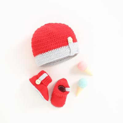 China 3 Pcs Eco-Friendly Baby Beanie Hat Handmade Cotton Warm Baby Boy Knitted Hat Shoes Set for sale