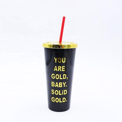 China Plastic Classic Double Wall Tumbler Cup 24 oz Black Insulated Acrylic Plastic Tumbler with Gold Lid and Reusable Straw for sale