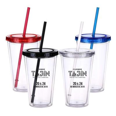 China Sustainable Eco Friendly 16oz Double Wall Plastic Reusable Cups With Lids And Straw for sale