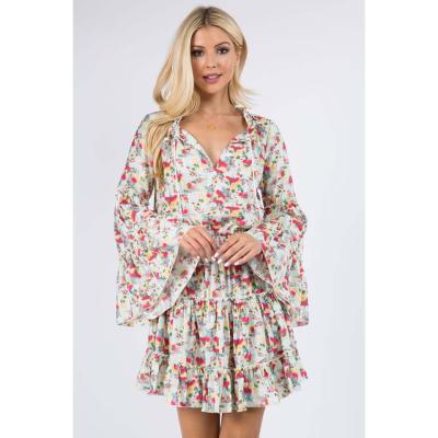 China 2022 Breathable Front Neck Tassel Tie Mini Spring And Autumn Floral Print Satin Casual Dress With Belt Tiered Sleeve for sale