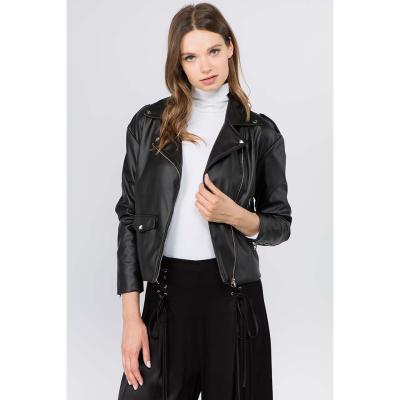 China New Fashion Women Autumn Winter Black Faux Leather Waterproof Jackets Zipper Ladies Coat Turn-Down Collar Biker Jacket for sale