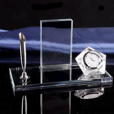 China Gifts Crystal Desktop Pen Holder China Crystal Desk and Table Clock and Carder Pen Holder for sale