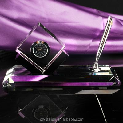 China High Quality Antique China Office Business Gift Crystal Desk Clock Stationary With Pen Holder for sale