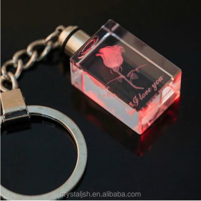 China Europe 3D Laser Engraved Cube Crystal Led Keychain Photo Led Crystal Keychain for sale