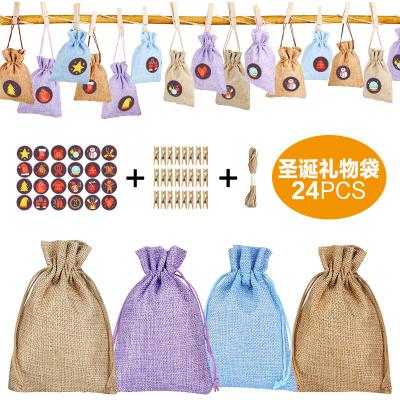 China Cute Cotton Canvas Candy Bags 24PCS DIY Numbers Bag Drawstring Rope with Stickers Staples Christmas Advent Calendar Bags for sale