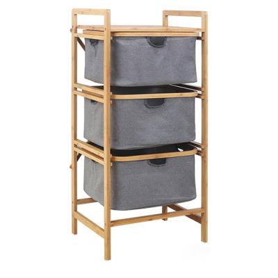 China Industrial Simple Style Naturae Bamboo Furniture Storage Rack With Sliding Cloth 3 Basket Bathroom Living Laundry Storage Basket for sale