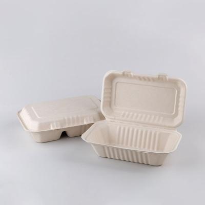 China Clamshell Microwavable Disposable Lunch Containers 2 Compartment Meal Prep Bagasse Sugarcane Disposable Box for sale