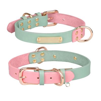 China Genuine Nameplate Pet Collars Leash Set Viable Hot Selling Engraved Adjustable Leather Soft Dog Collar for sale