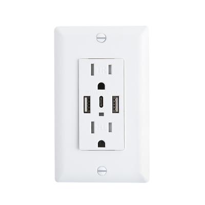 China PC 3-Port USB Wall Outlet 15 Amp Receptacle With USB Type C A Ports for sale