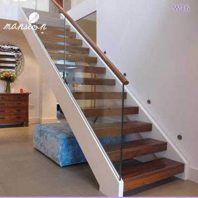 China Indoor straight wooden beam stairs with glass balustrade for sale