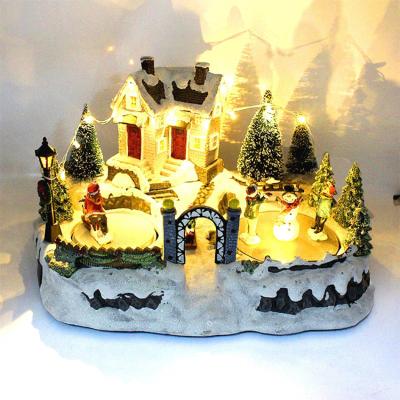 China Simple Luminous Resin Shape House Garden Ornament Electric Christmas Music Opens Christmas Gift Ornament for sale