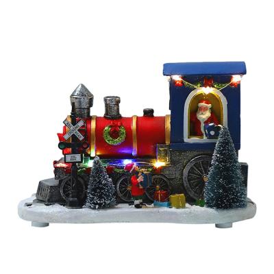 China Simple Resin LED Lantern House Shape Christmas Decoration Santa Claus Train Model Christmas Ornaments for sale