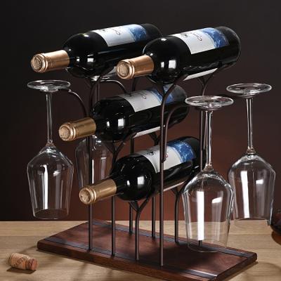 China Creative Wine Rack Iron Wine Glass Shelf Red Wine Glass Storage Low Wooden Display Rack for sale