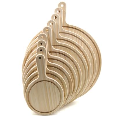 China Durable Solid Wooden Pizza Tray Round Chopping Cutting Board Kitchen Pizza Fruit Cheese Dish With Handle for sale