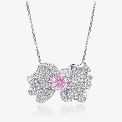 China Wholesale Fashionable Elegant Bow Shaped Charming Colorful Diamond Crystal Pendant 925 Sterling Silver Necklace for sale