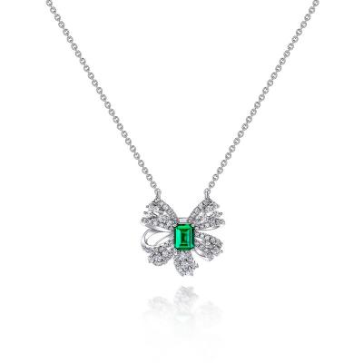 China 2022 Silver Emerald Zirconia Platinum Plated Female Bow Jewelry Set Sweet Romantic Trendy Pendant Necklace and Earrings Jewelry for sale