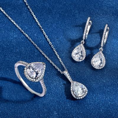 China CLASSIC original luminous S925 zircon silver jewelry three piece set water drop ring necklace earrings set hot selling jewelry for sale