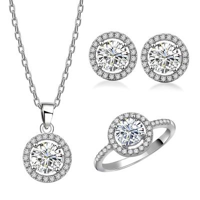 China Fashionable High Quality Sterling Silver Crystal Set Necklace Wedding Party S925 Zircon Ring Earrings Three Piece Set Jewelry for sale