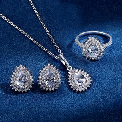 China Fashionable Original Design S925 Sterling Silver Micro Ring Earring Necklace Elegant Zircon Three Piece Set Pear Shaped Wedding Set for sale