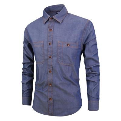 China Fashion Chest Pocket Cowboy Anti-pilling Cotton Jean Shirts Long Sleeve Button Down Collar Dress Shirt Men for sale