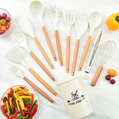 China Viable Wholesale Wooden Kitchen Tools 12pcs Handle Spatula Utensils Kitchenware Set Cooking Silicone Kitchen Utensil Set With Stand for sale