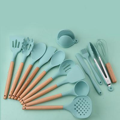 China Non Stick Food Grade Silicone Kitchenware Set Wooden Non Stick Food Grade Silicone Kitchenware Set Wooden Soup Spoon Spatula Egg Beater Handle Silicone Kitchen Utensil Set for sale