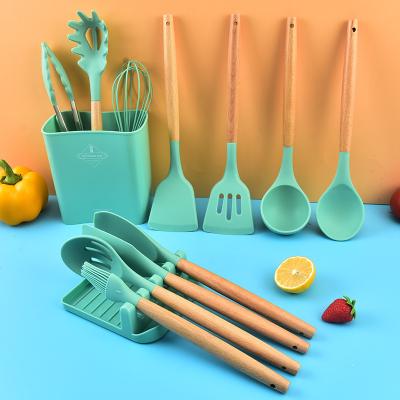 China Eco Friendly Kitchen Utensils Tool Kit Sustainable Silicon Spatula Wooden Non Stick Silicone Cooking Kitchen Utensil Set With Stand for sale