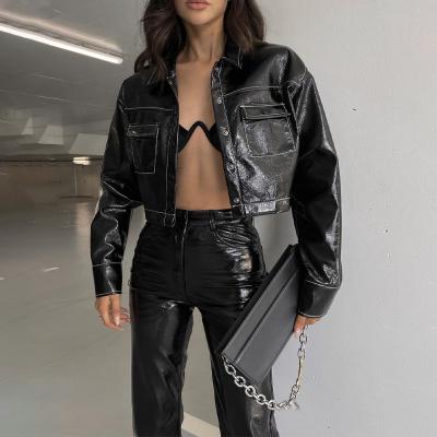 China 2021 Y2K Lagerfe PU Windproof Leather Jacket Long Sleeve Streetwear Crop Tops Long Clothes Women Autumn Winter Outwear Fashion Windbreaker for sale