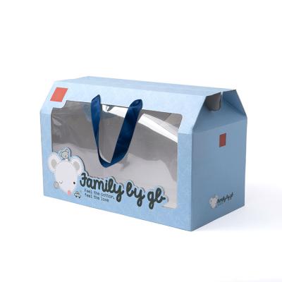 China Wholesale Price Logo Recyclable Custom Blue Packaging Gift Box Corrugated Paper Box With Ribbon Handle for sale